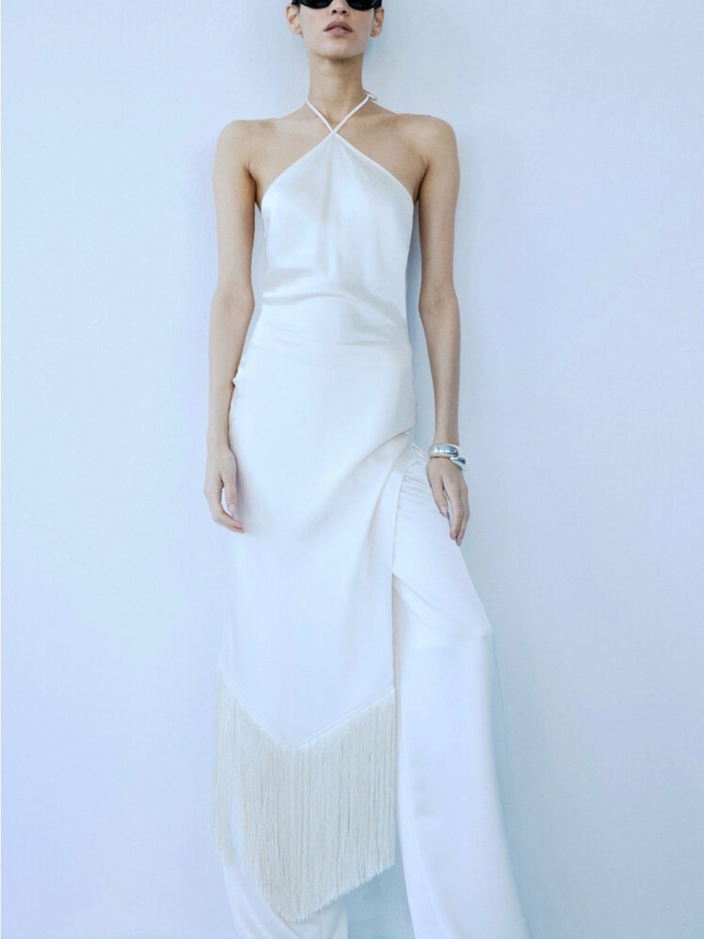 NWT -  White Asymmetrical Halter Dress with Fring